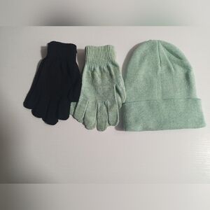 Mint Green Knit Beanie with Matching Gloves + Black Gloves Set